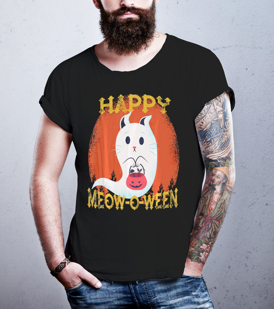 Happy Meow O Ween Cat Ghost With Pumpkin Bag T-Shirt
