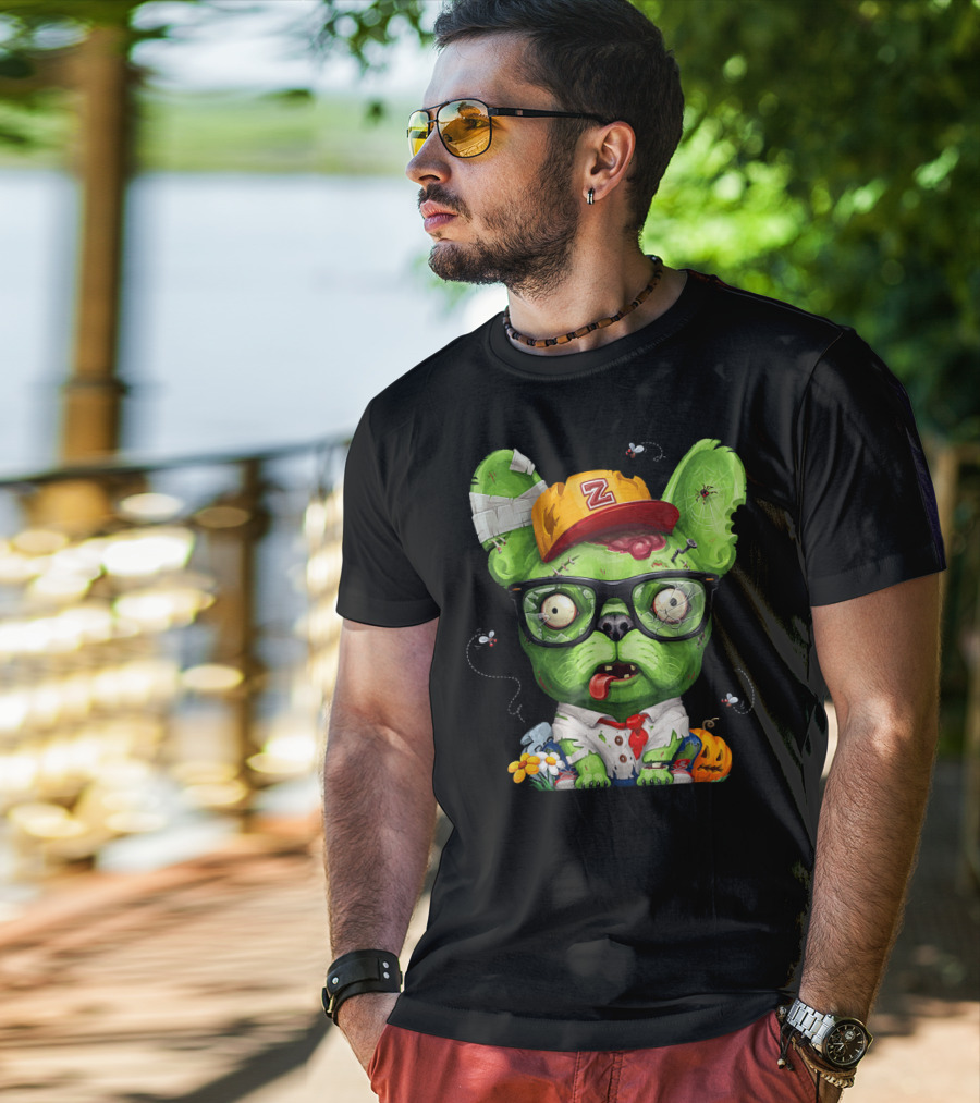 French Bulldog Wearing Zombie Glasses Halloween Hat T-Shirt