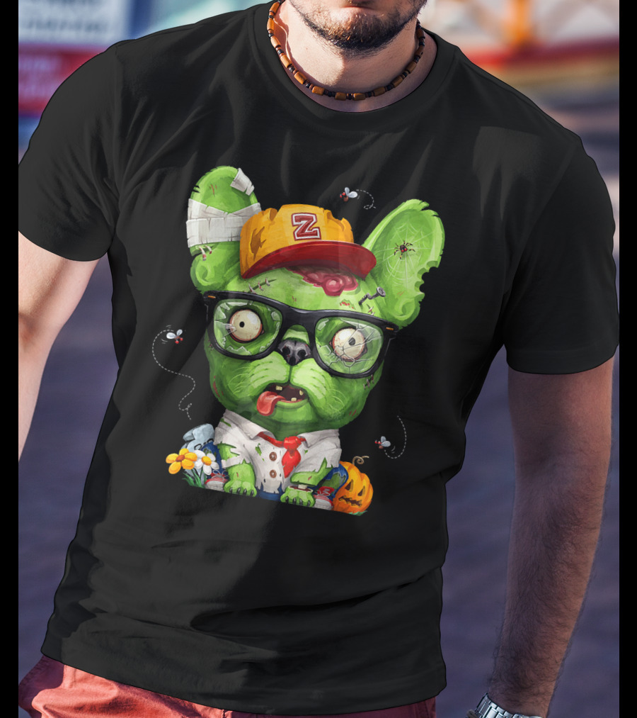 French Bulldog Wearing Zombie Glasses Halloween Hat T-Shirt