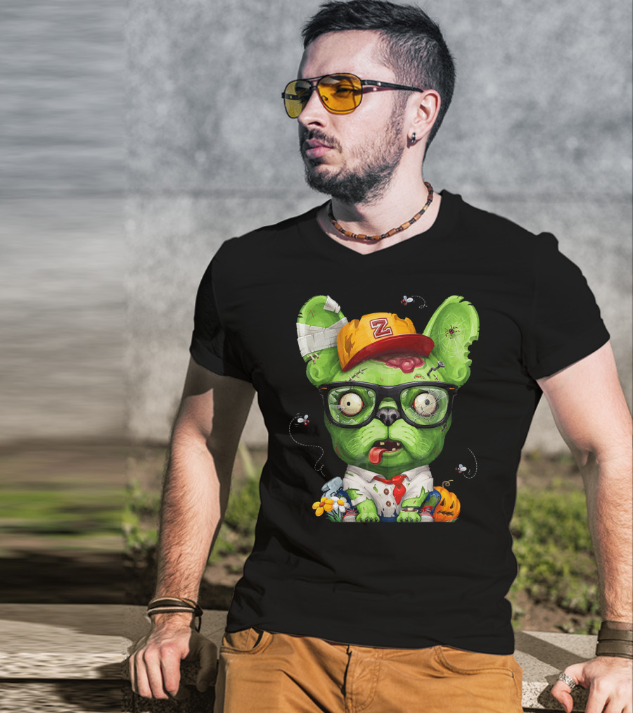 French Bulldog Wearing Zombie Glasses Halloween Hat T-Shirt