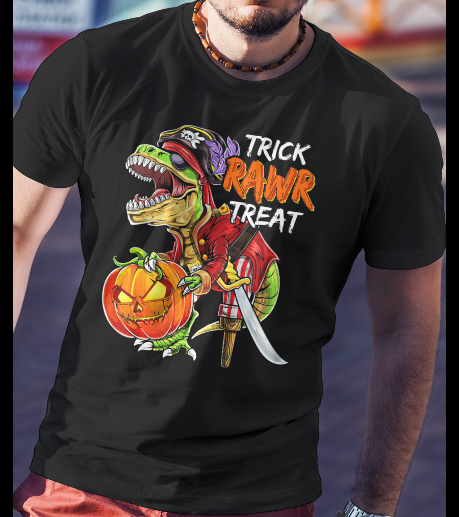 Trick Rawr Treat Pirate Dinosaur Halloween Pumpkin Jack T-Shirt