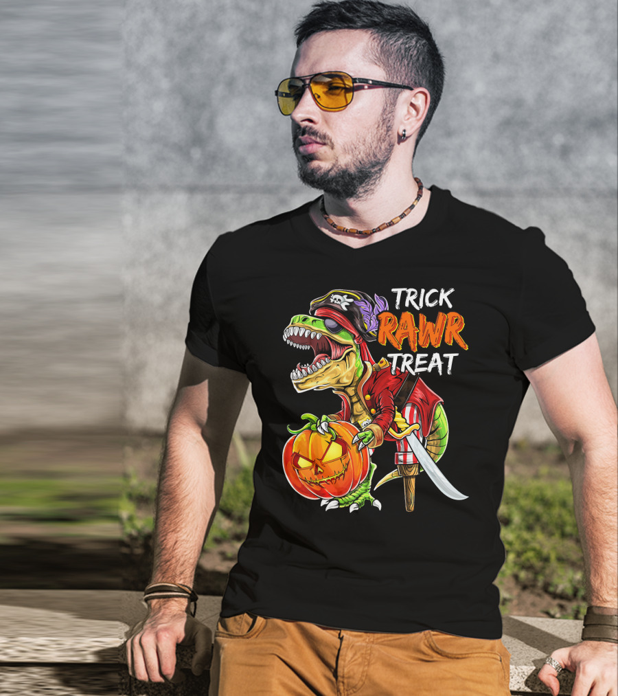 Trick Rawr Treat Pirate Dinosaur Halloween Pumpkin Jack T-Shirt