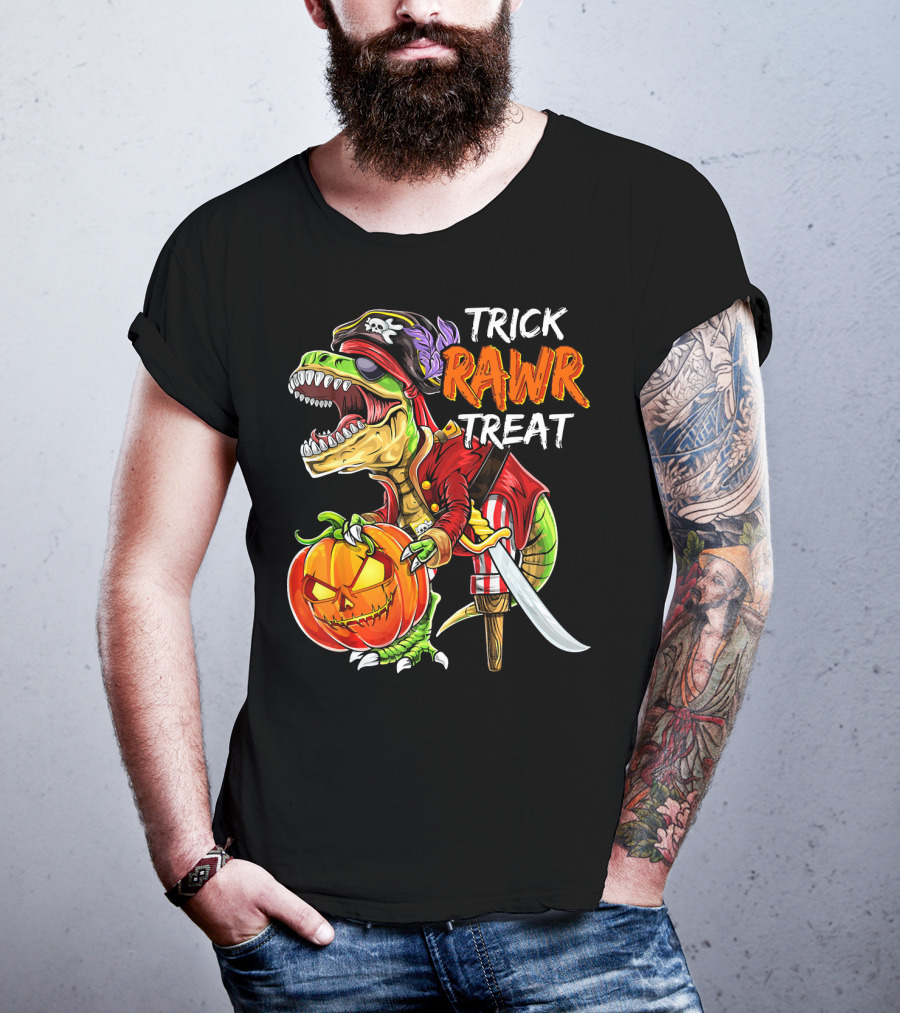 Trick Rawr Treat Pirate Dinosaur Halloween Pumpkin Jack T-Shirt