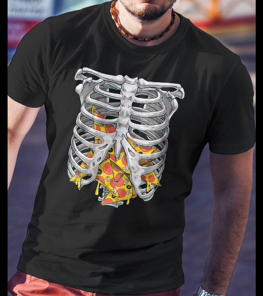 Skeleton Rib Cage Halloween Pizza Slices Inside T-Shirt