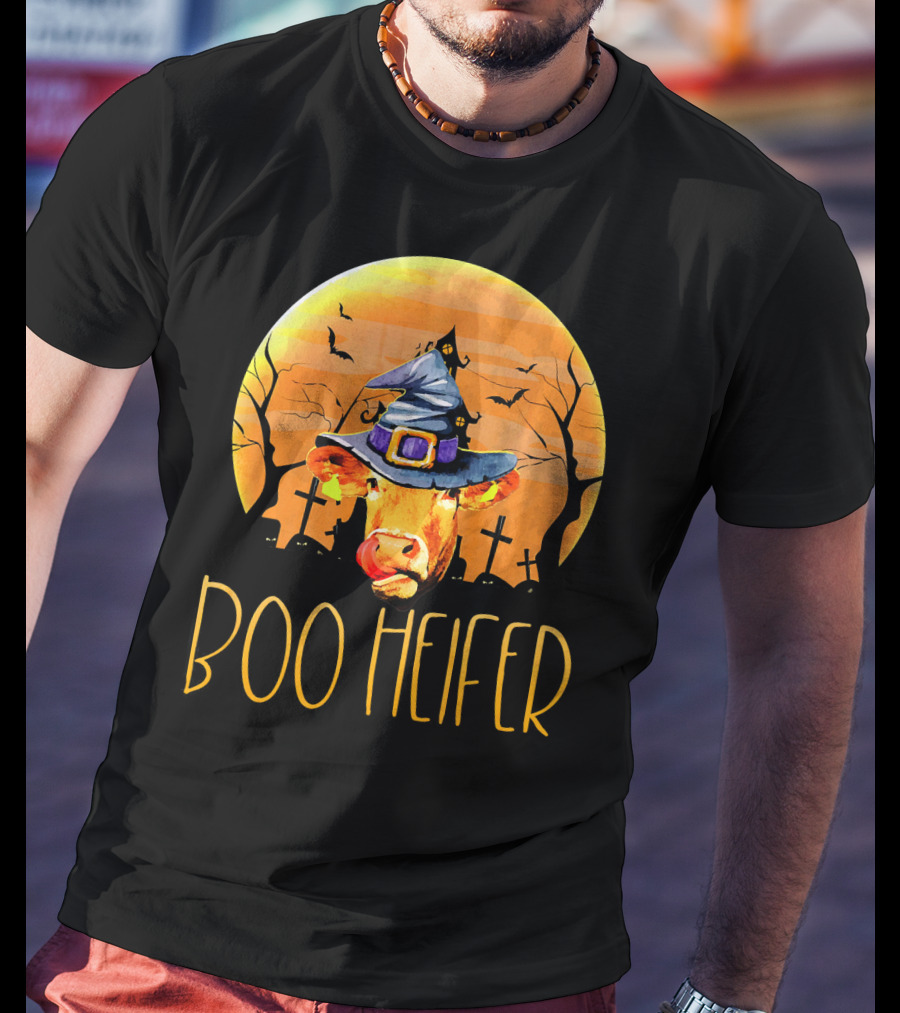 Boo Heifer Halloween Cow In Witch Hat With Graveyard And Bats T-Shirt