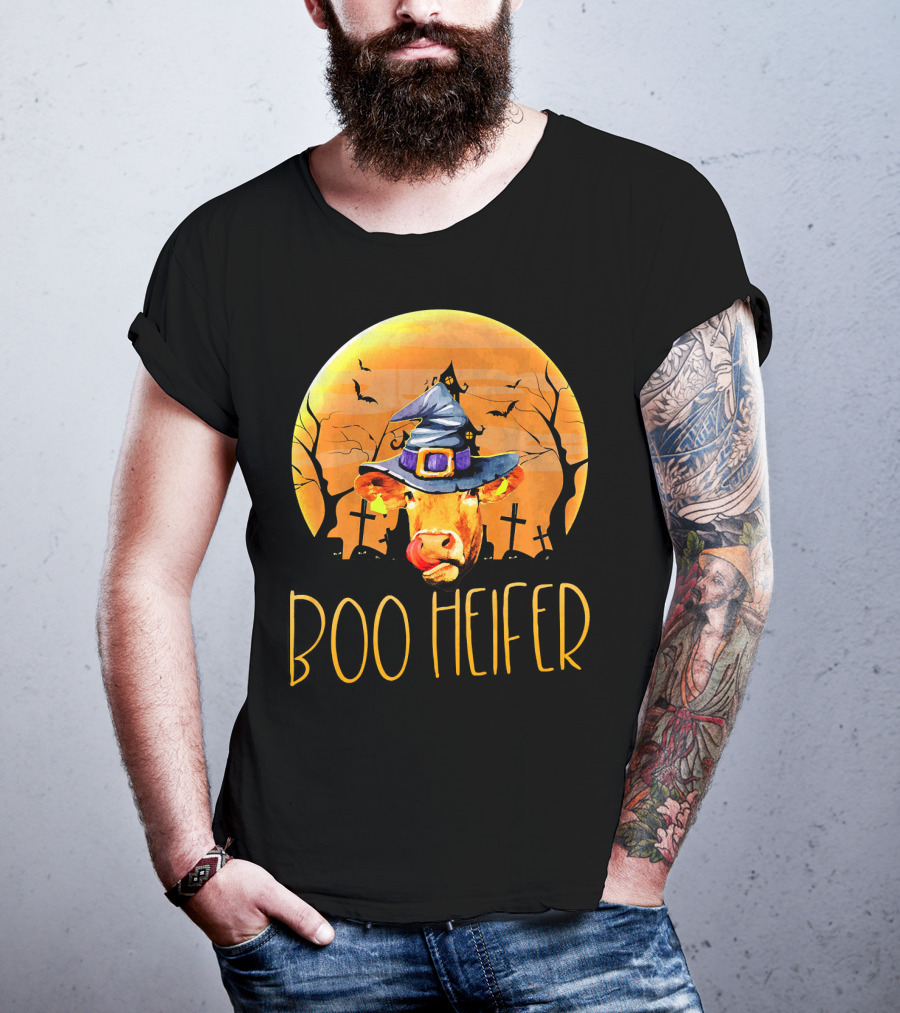 Boo Heifer Halloween Cow In Witch Hat With Graveyard And Bats T-Shirt