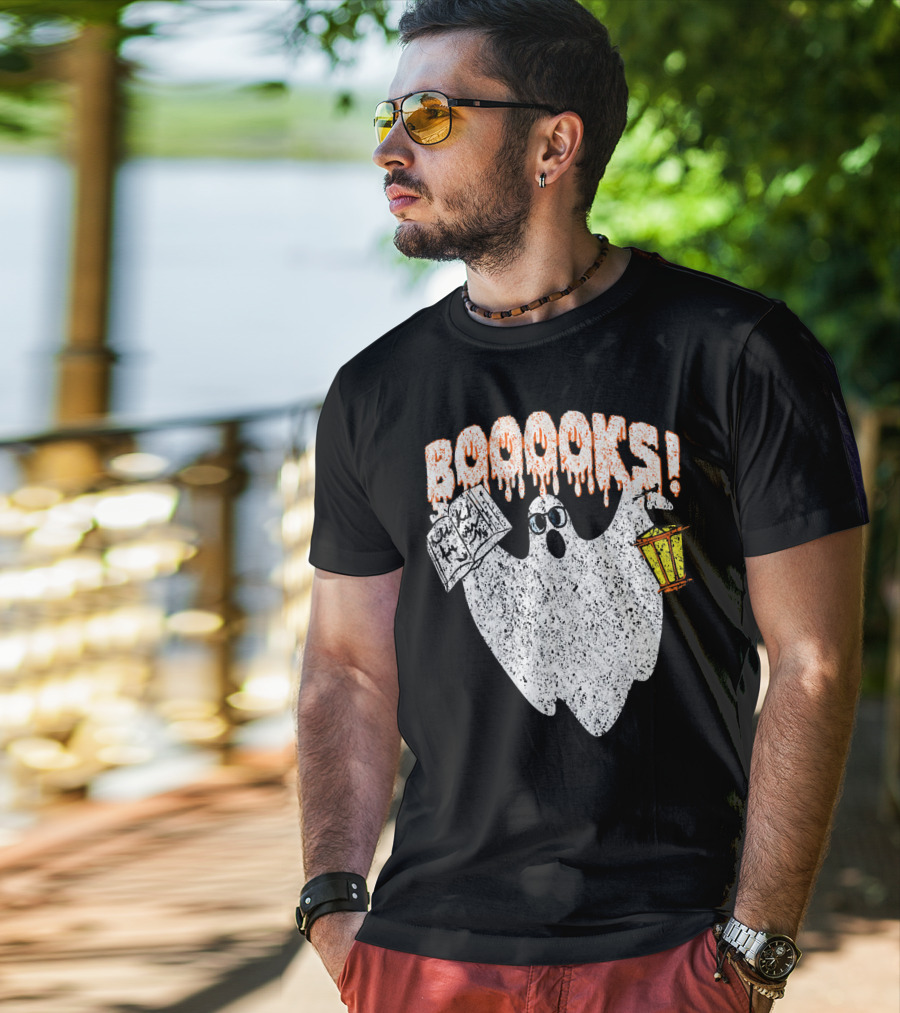 Booooks Spooky Ghost With Open Scary Book And Lantern T-Shirt