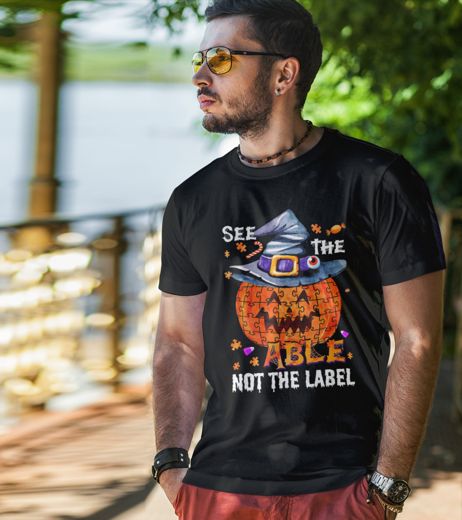 See The Able Not The Label Autism Awareness Halloween Pumpkin Puzzle Hat T-Shirt