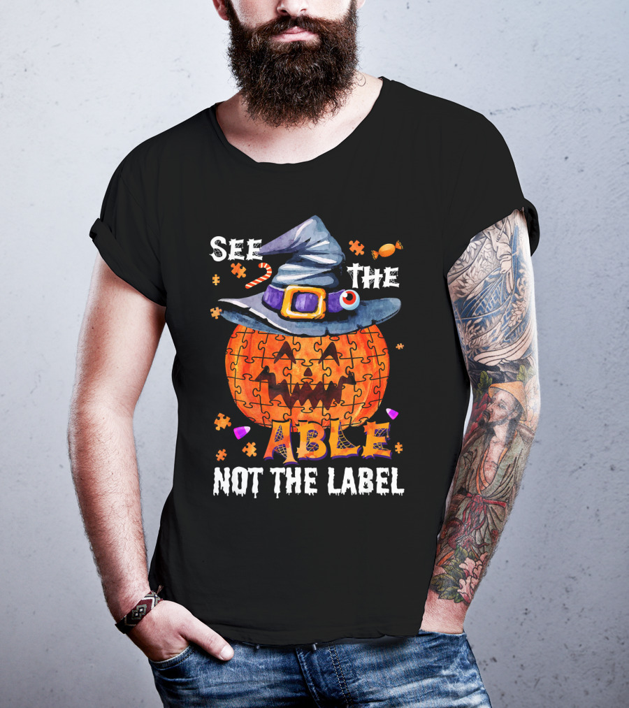 See The Able Not The Label Autism Awareness Halloween Pumpkin Puzzle Hat T-Shirt