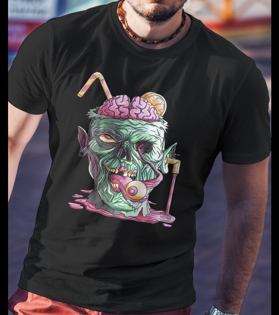 Zombie Face Brain Halloween Zombies Straw Brain Drink Eyeball Tongue T-Shirt