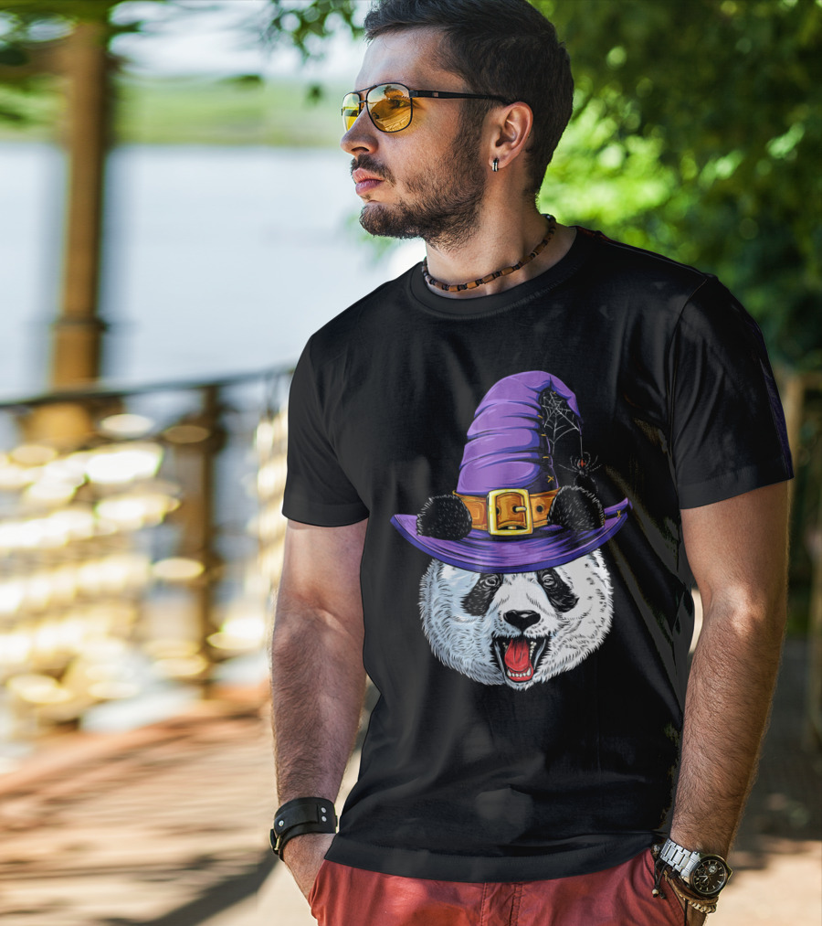 Panda Wearing Witch Hat With Spider Halloween T-Shirt