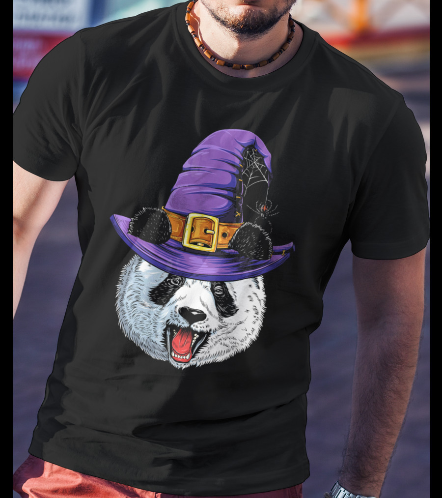 Panda Wearing Witch Hat With Spider Halloween T-Shirt