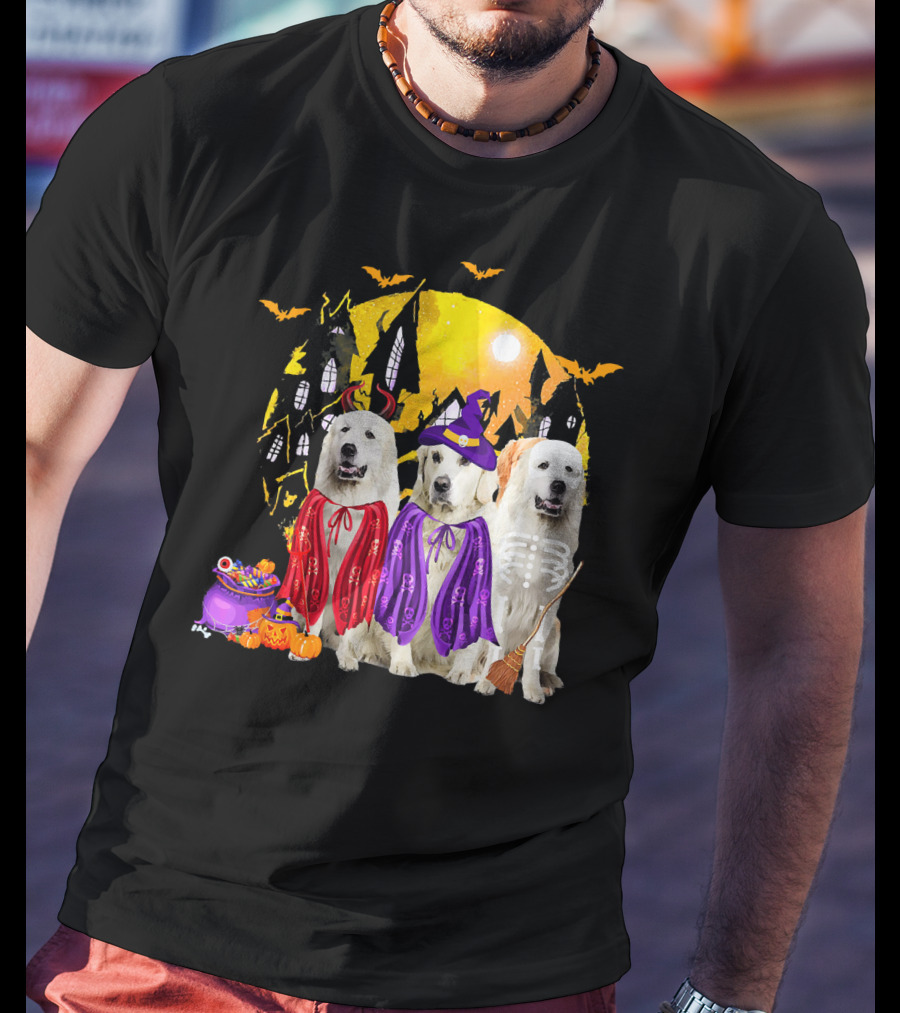Great Pyrenees Dog Family Of Three Halloween Costumes Moonlit Night T-Shirt