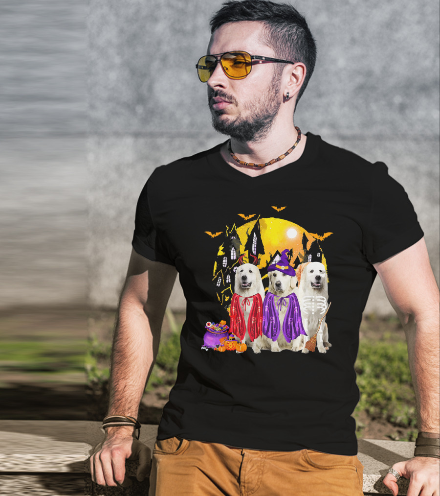 Great Pyrenees Dog Family Of Three Halloween Costumes Moonlit Night T-Shirt
