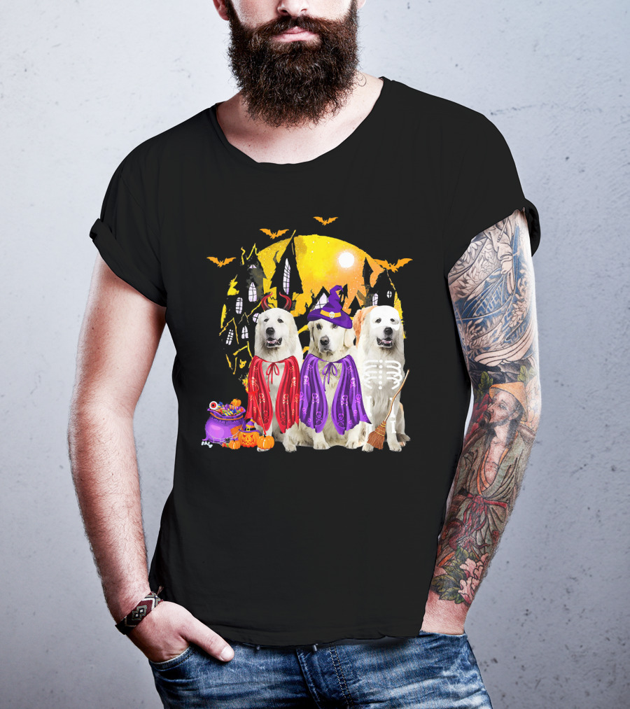 Great Pyrenees Dog Family Of Three Halloween Costumes Moonlit Night T-Shirt