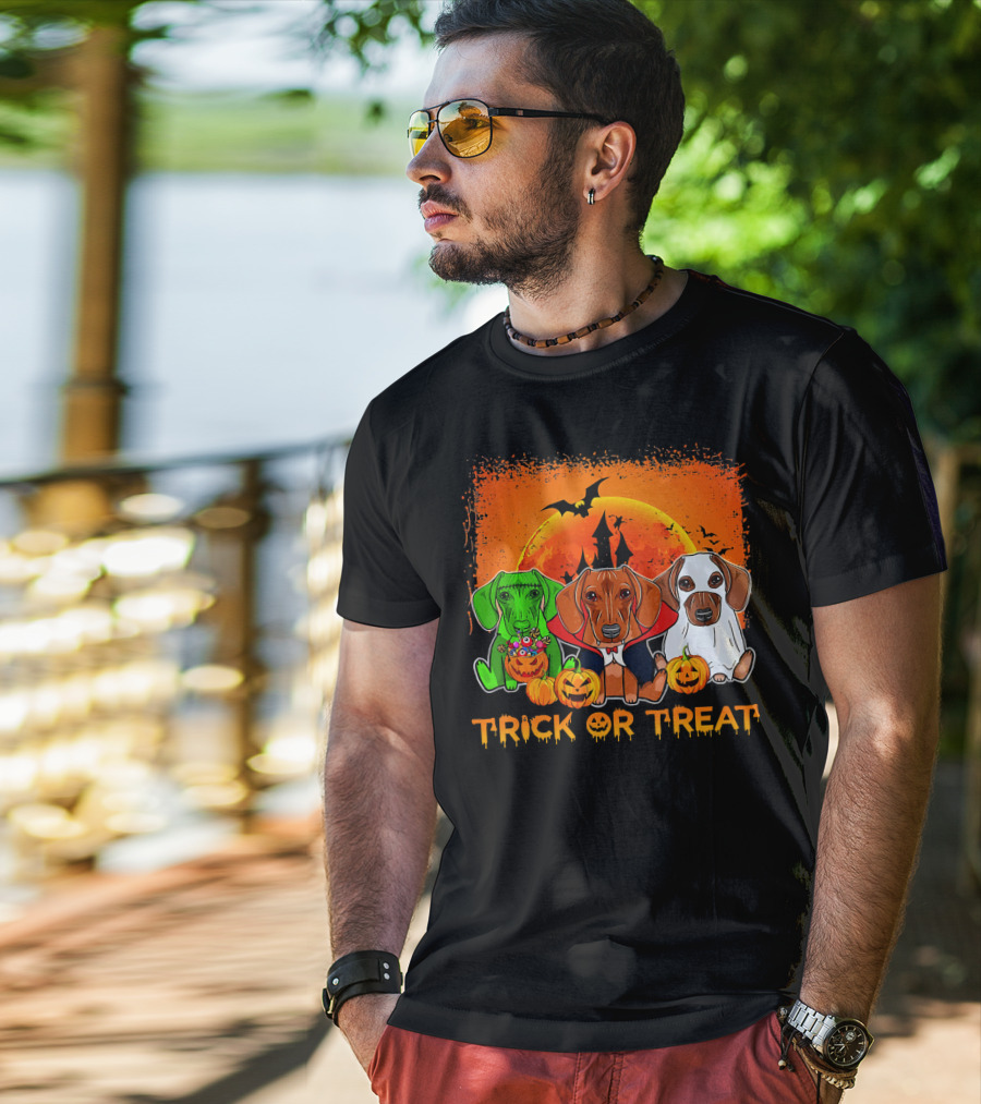 Halloween Dachshund Trio Trick Or Treat With Pumpkins And Moon Background T-Shirt