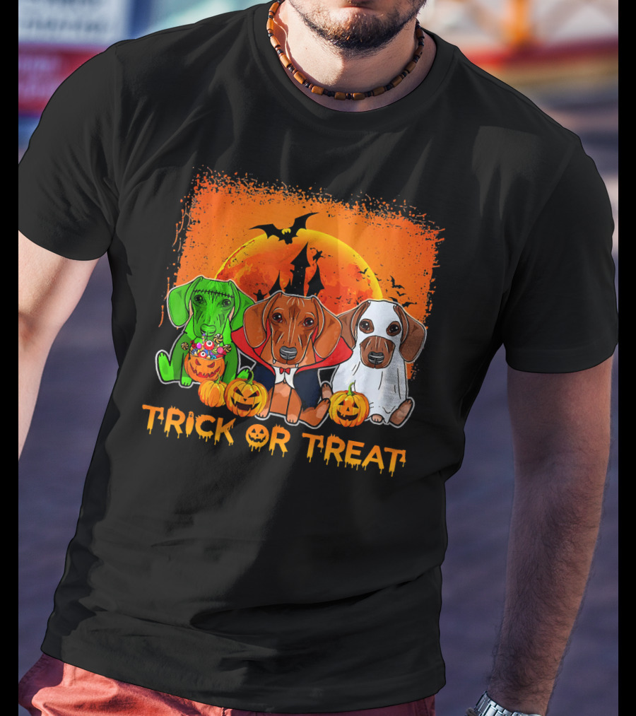 Halloween Dachshund Trio Trick Or Treat With Pumpkins And Moon Background T-Shirt