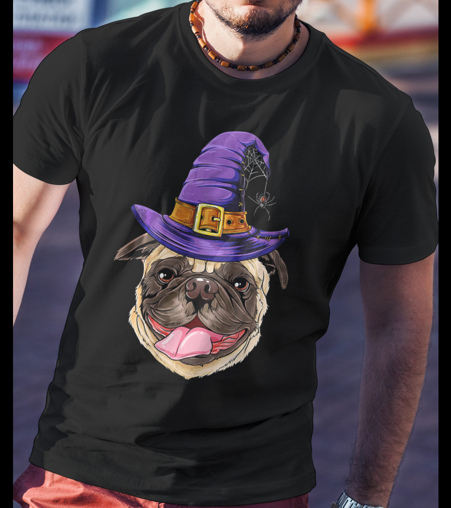 Pug With Witch Hat And Spider Halloween T-Shirt
