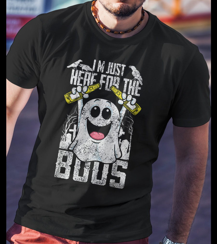 I Am Just Here For The Boos With Ghost Holding Bottles And Ravens Halloween T-Shirt