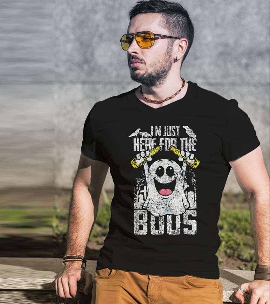 I Am Just Here For The Boos With Ghost Holding Bottles And Ravens Halloween T-Shirt