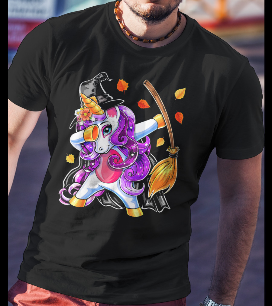 Dabbing Unicorn Halloween Witch With Magical Broom And Autumn Leaves T-Shirt