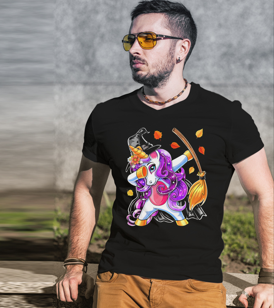 Dabbing Unicorn Halloween Witch With Magical Broom And Autumn Leaves T-Shirt