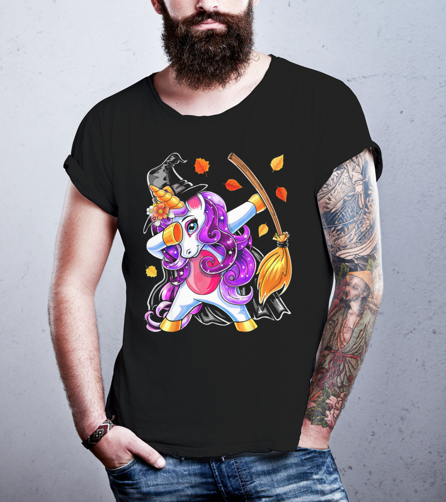 Dabbing Unicorn Halloween Witch With Magical Broom And Autumn Leaves T-Shirt