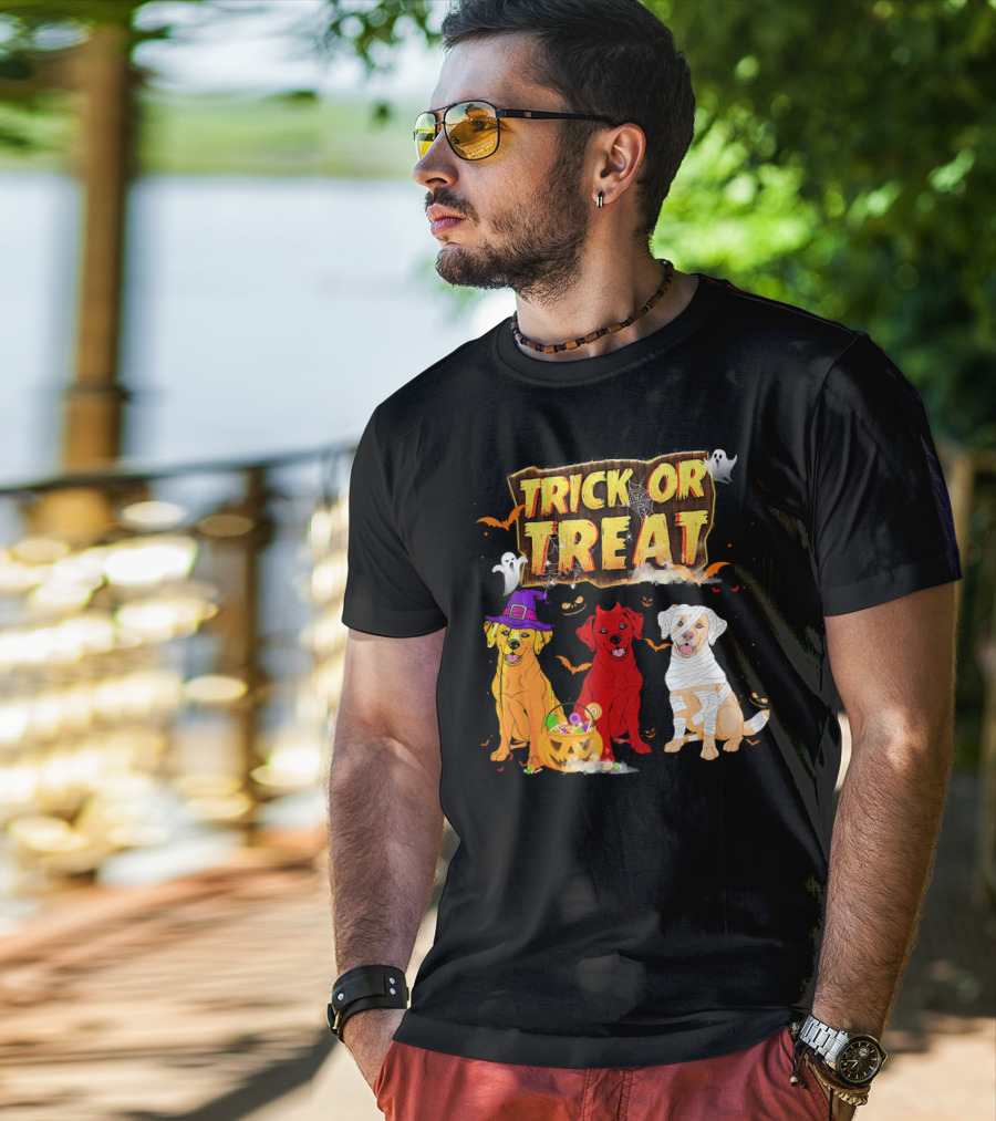 Trick Or Treat Three Labrador Retrievers Halloween Pumpkin Candy Ghosts T-Shirt
