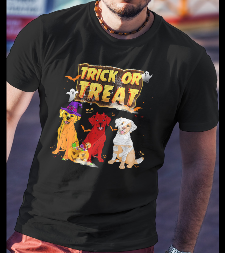 Trick Or Treat Three Labrador Retrievers Halloween Pumpkin Candy Ghosts T-Shirt