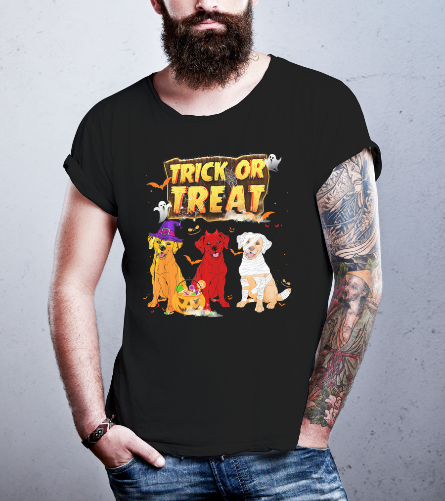 Trick Or Treat Three Labrador Retrievers Halloween Pumpkin Candy Ghosts T-Shirt