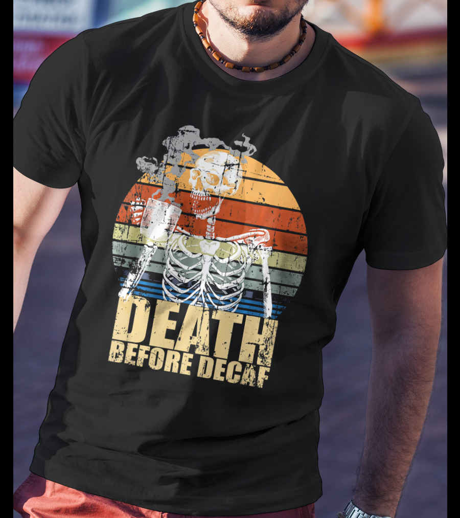 Vintage Death Before Decaf Coffee Skeleton Retro Sunset T-Shirt