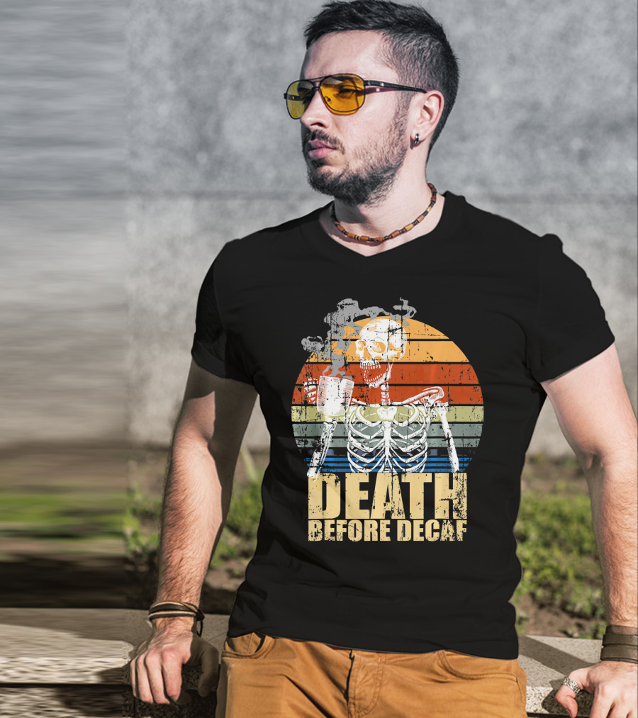 Vintage Death Before Decaf Coffee Skeleton Retro Sunset T-Shirt