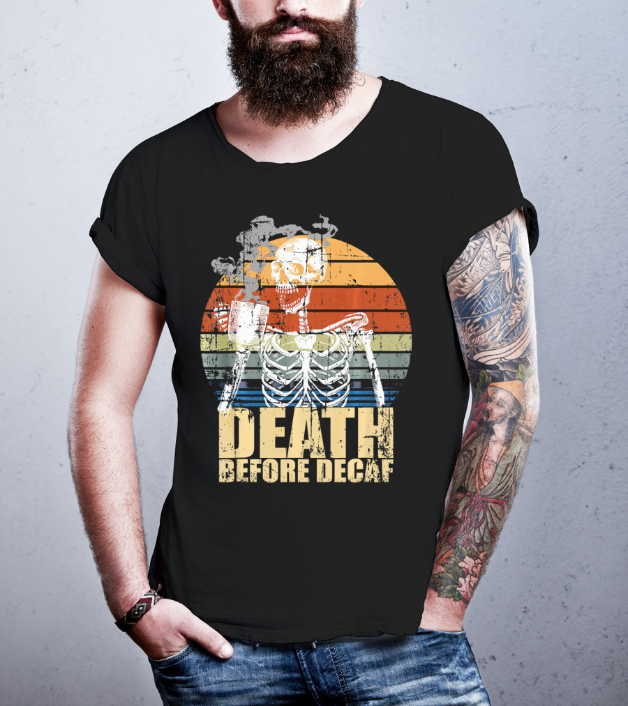 Vintage Death Before Decaf Coffee Skeleton Retro Sunset T-Shirt