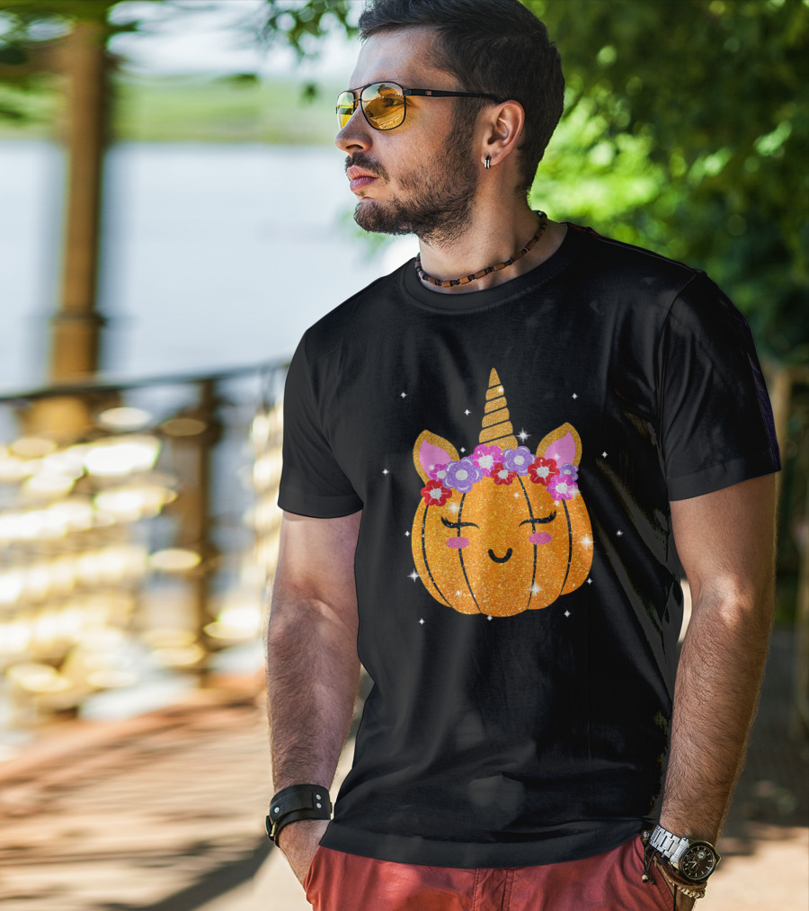 Cute Unicorn Pumpkin Glitter Funny Halloween Sparkles T-Shirt