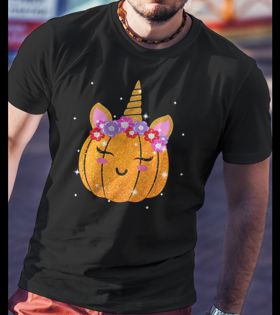Cute Unicorn Pumpkin Glitter Funny Halloween Sparkles T-Shirt