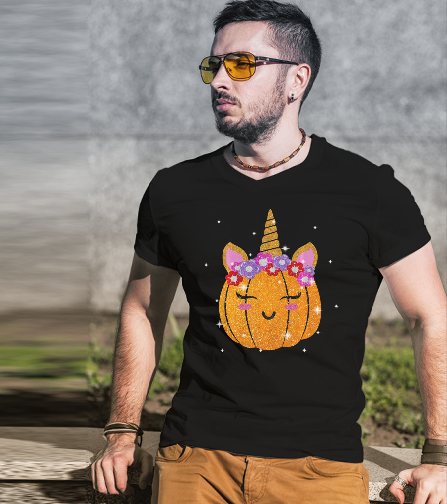 Cute Unicorn Pumpkin Glitter Funny Halloween Sparkles T-Shirt