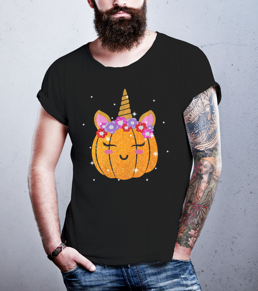 Cute Unicorn Pumpkin Glitter Funny Halloween Sparkles T-Shirt