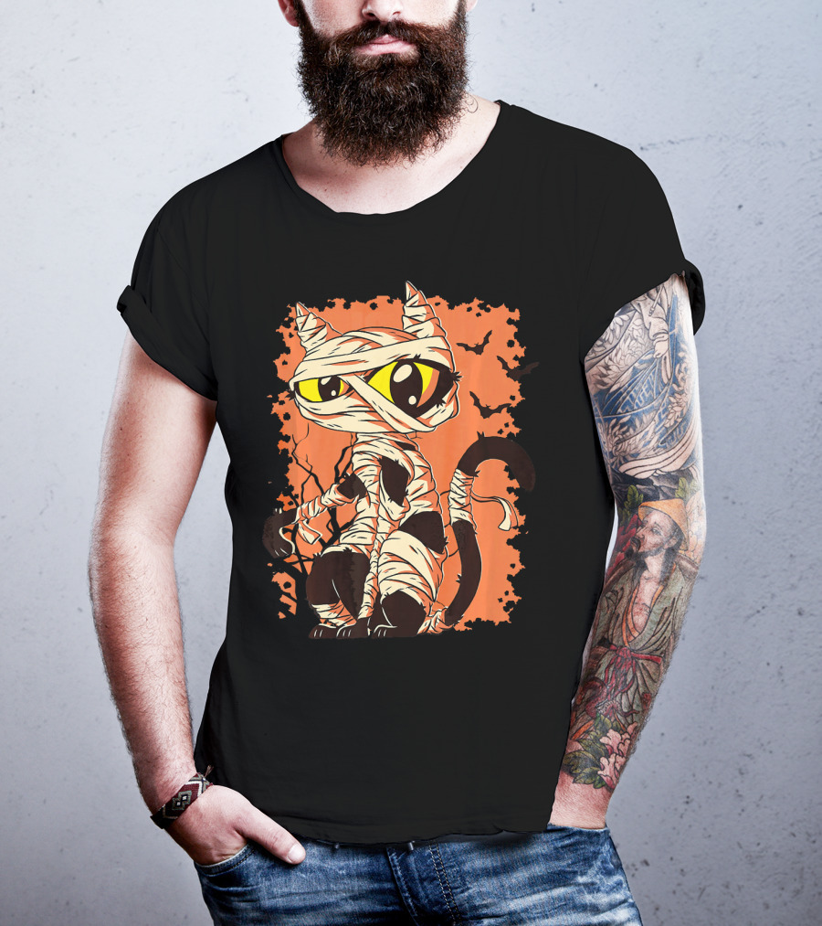 Mummy Cat With Yellow Eyes And Halloween Bats T-Shirt