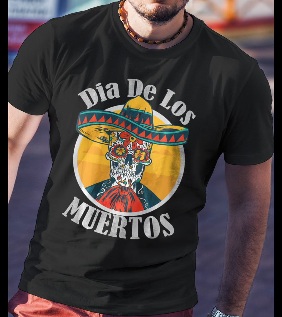 Dia De Los Muertos Skull With Sombrero And Floral Decoration T-Shirt