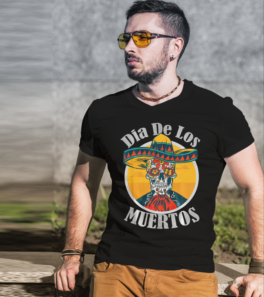 Dia De Los Muertos Skull With Sombrero And Floral Decoration T-Shirt
