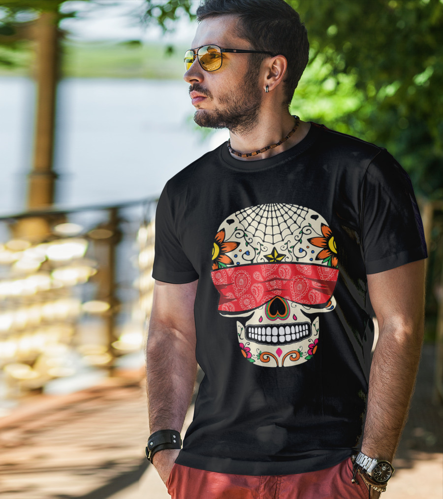 See No Evil Sugar Skull With Red Bandana And Floral Motifs T-Shirt