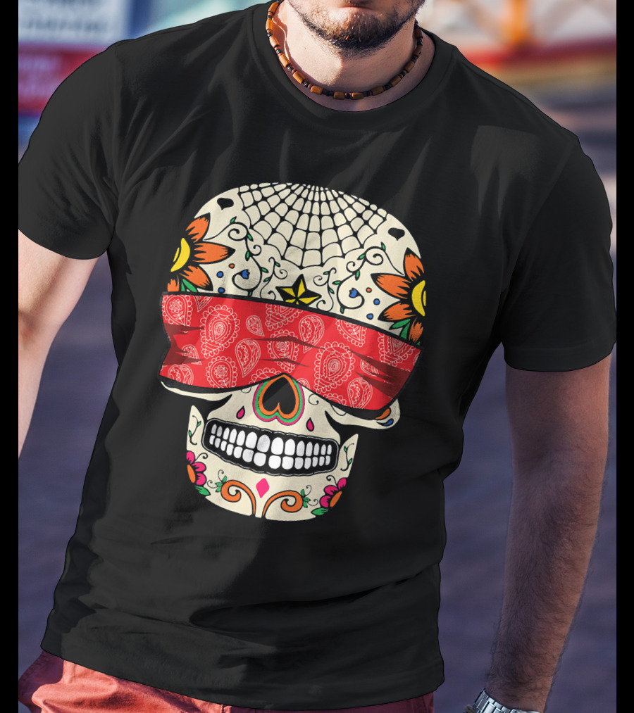 See No Evil Sugar Skull With Red Bandana And Floral Motifs T-Shirt