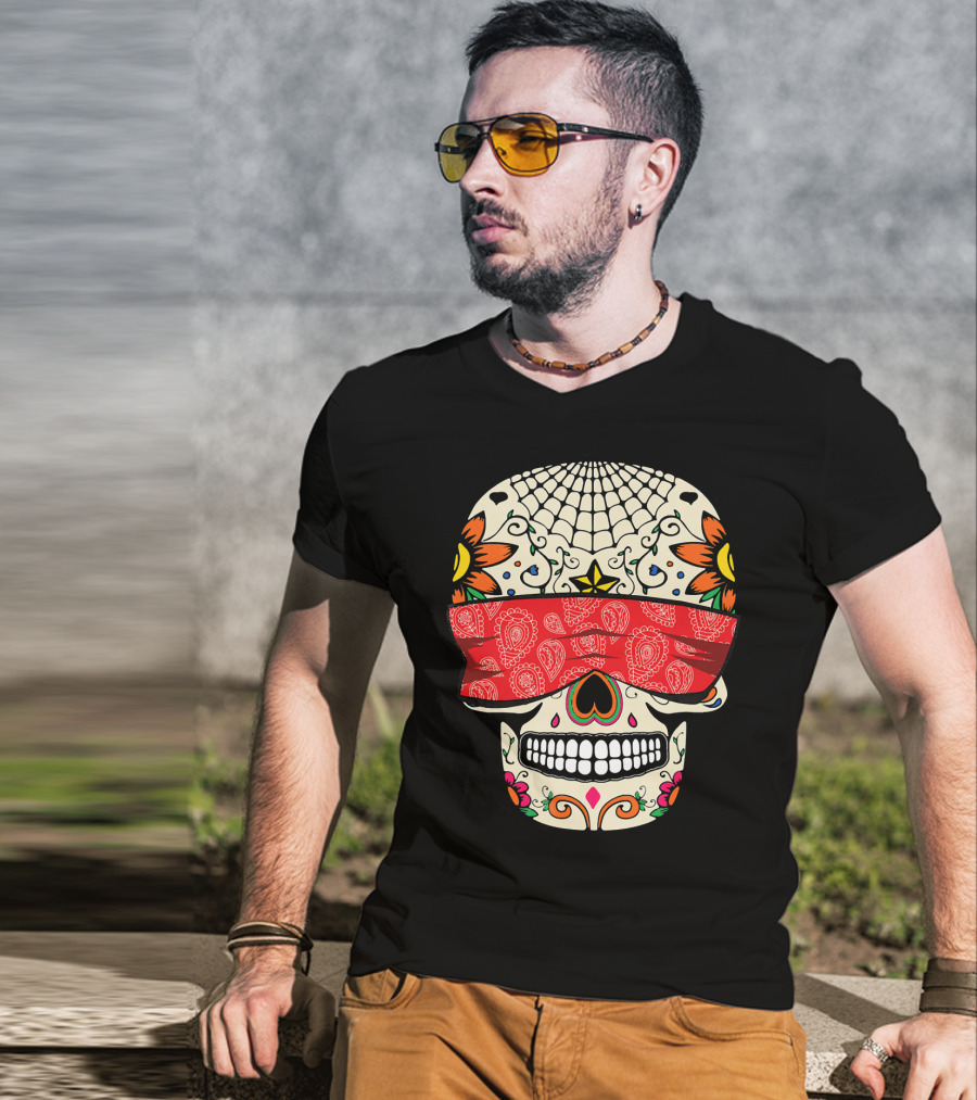 See No Evil Sugar Skull With Red Bandana And Floral Motifs T-Shirt