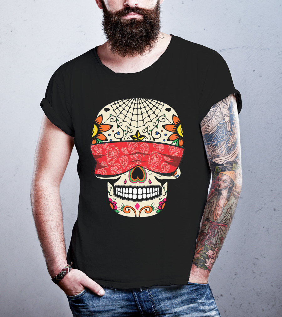 See No Evil Sugar Skull With Red Bandana And Floral Motifs T-Shirt