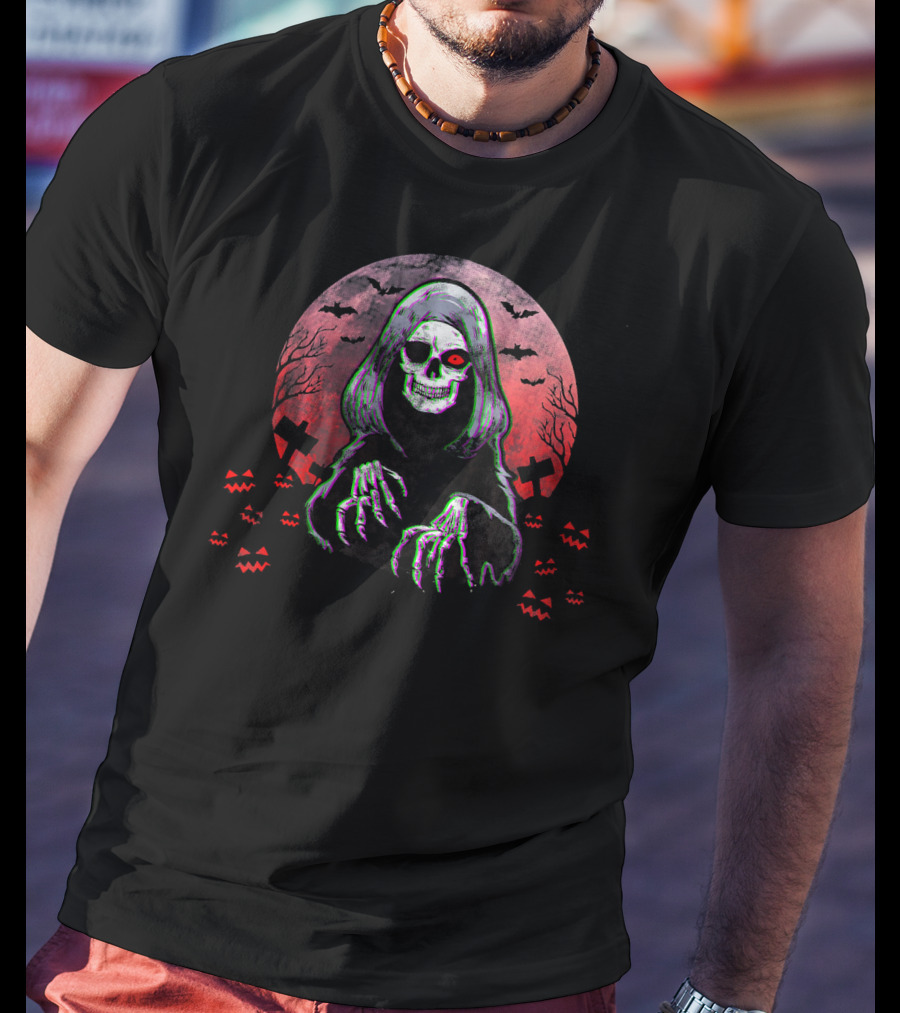 Grim Reaper Angel Of Death Halloween Horror Spooky Night Bats Pumpkins Crosses Skull T-Shirt