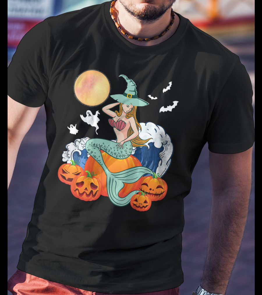 Scary Moon Pumpkin Ghosts Mermaid Witch With Jack-O'-Lanterns And Bats T-Shirt
