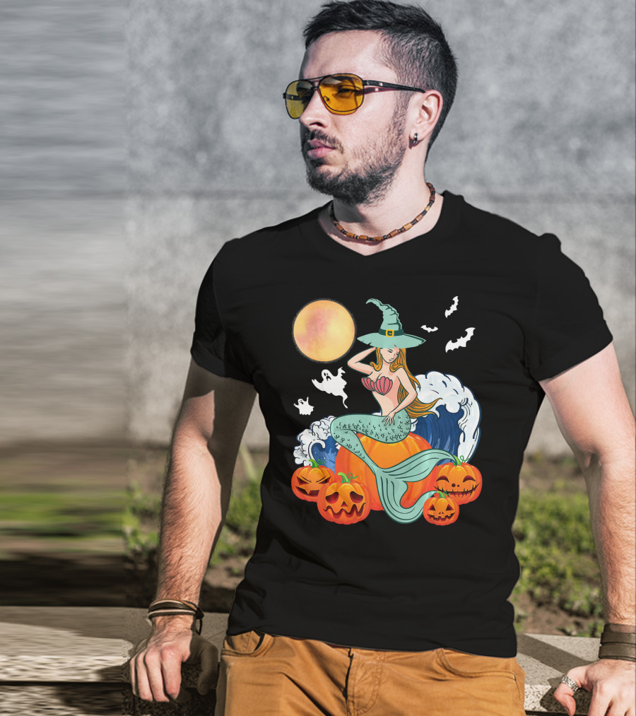 Scary Moon Pumpkin Ghosts Mermaid Witch With Jack-O'-Lanterns And Bats T-Shirt