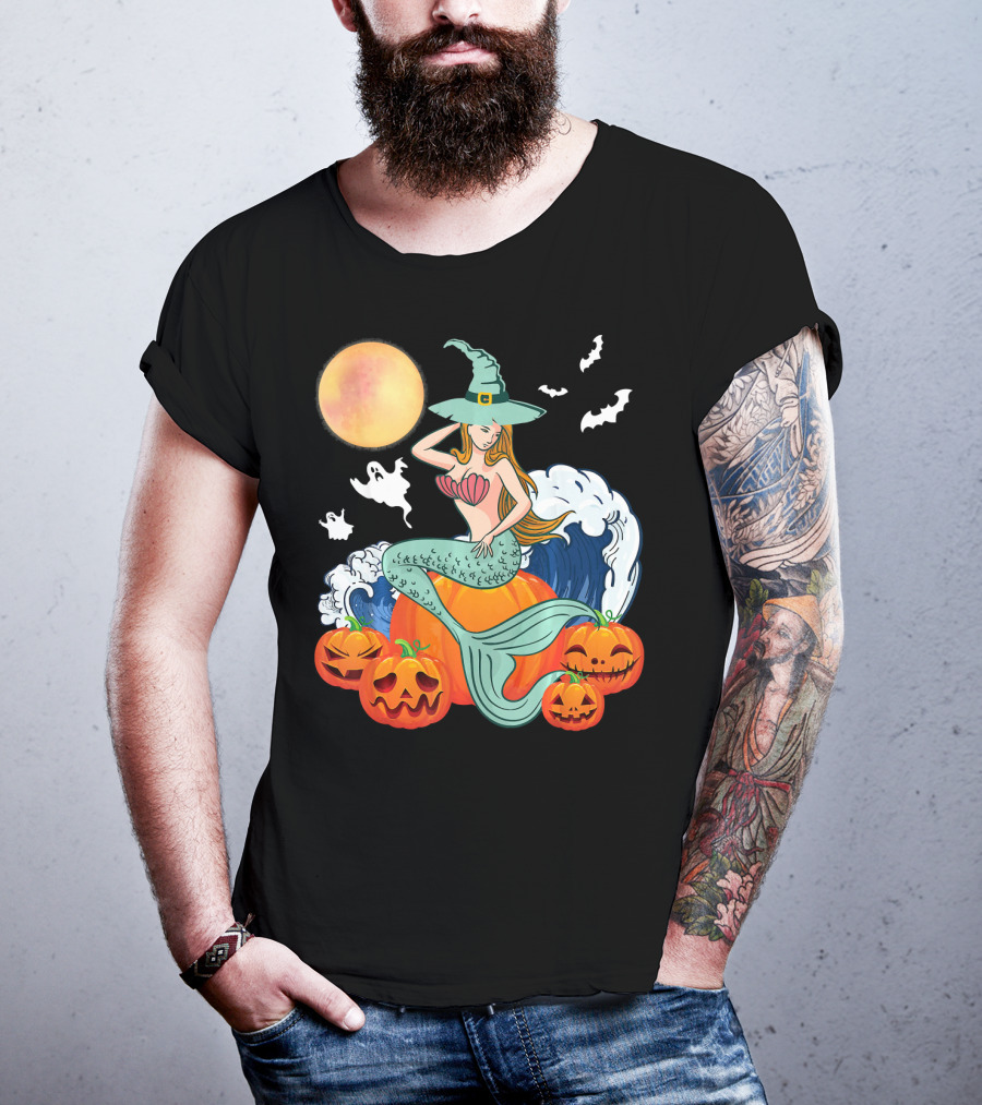 Scary Moon Pumpkin Ghosts Mermaid Witch With Jack-O'-Lanterns And Bats T-Shirt