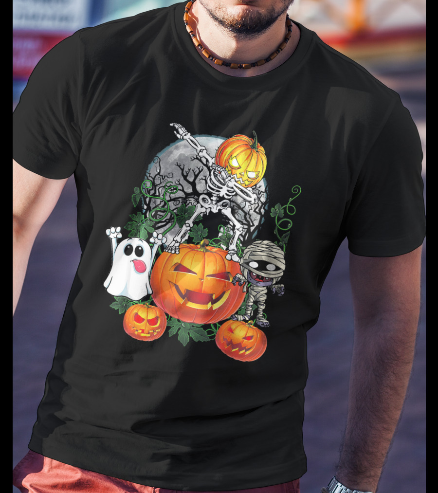 Dabbing Skeleton Pumpkin Ghost Mummy Halloween Moon Scene T-Shirt