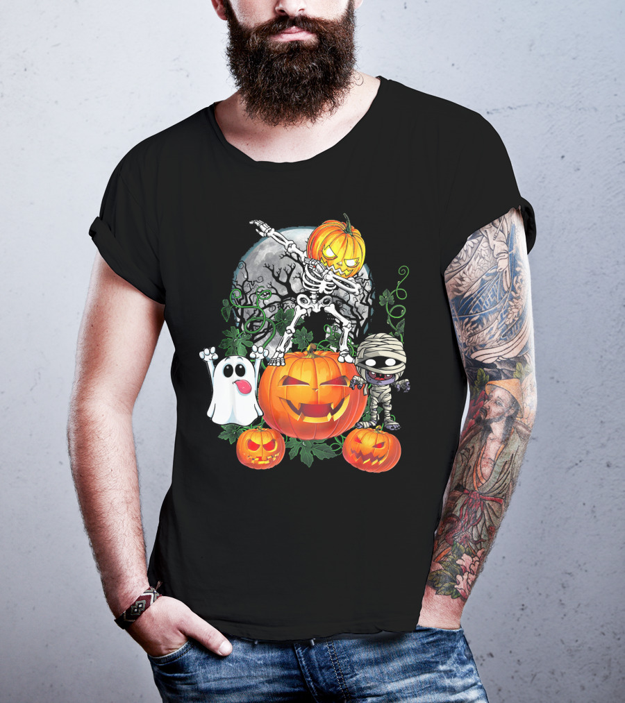 Dabbing Skeleton Pumpkin Ghost Mummy Halloween Moon Scene T-Shirt